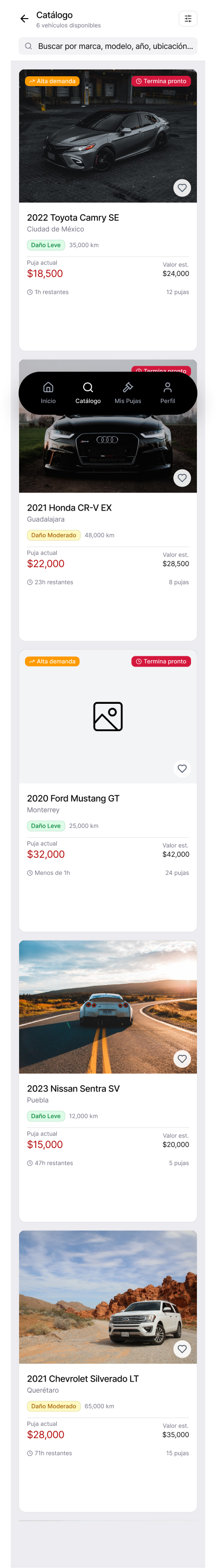 Listado de subastas en app móvil
